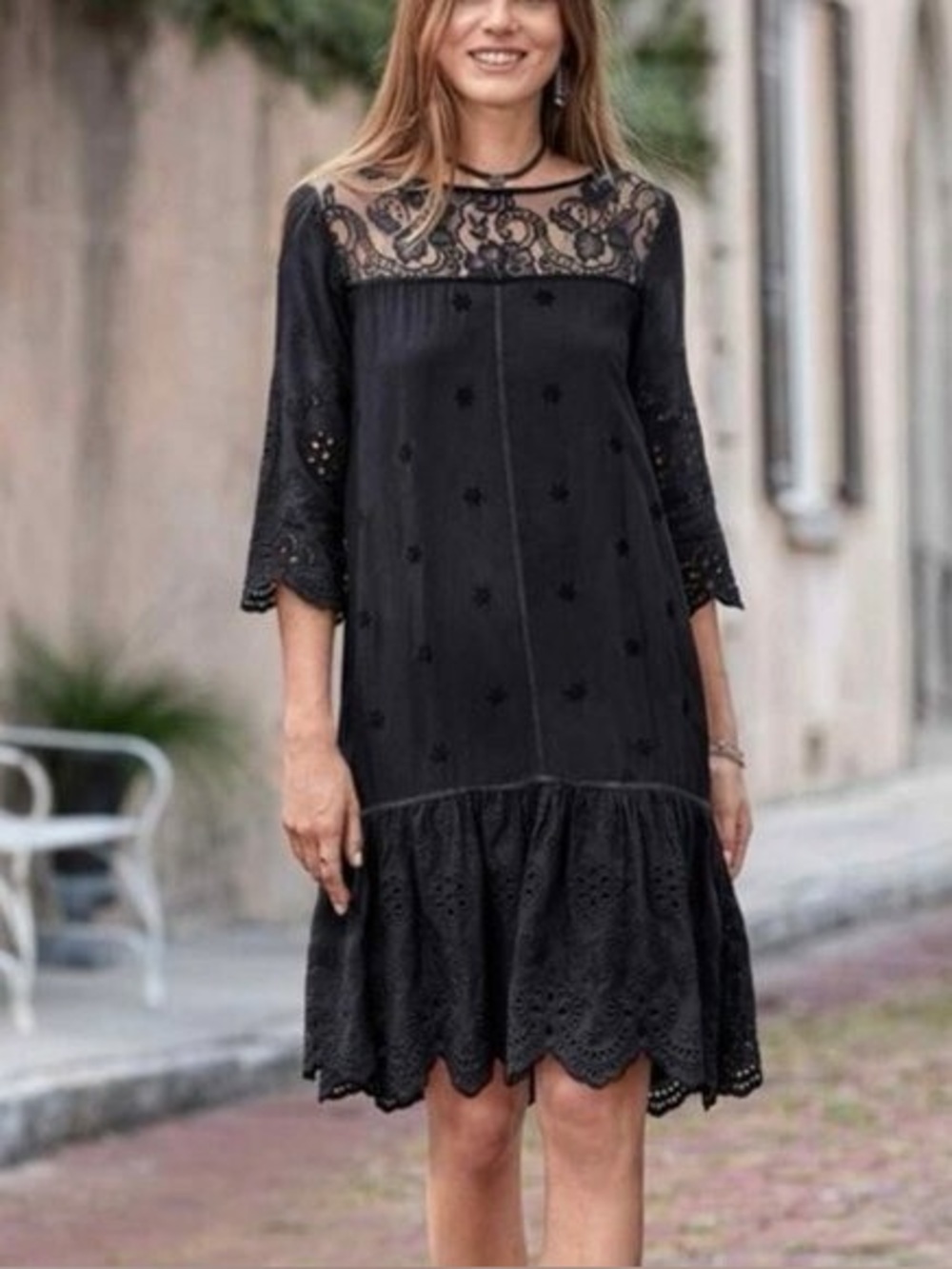 NWT Sundace Nadine Drop Waist Black Lace &‎ Eyelet Half Sleeve Dress Size Small